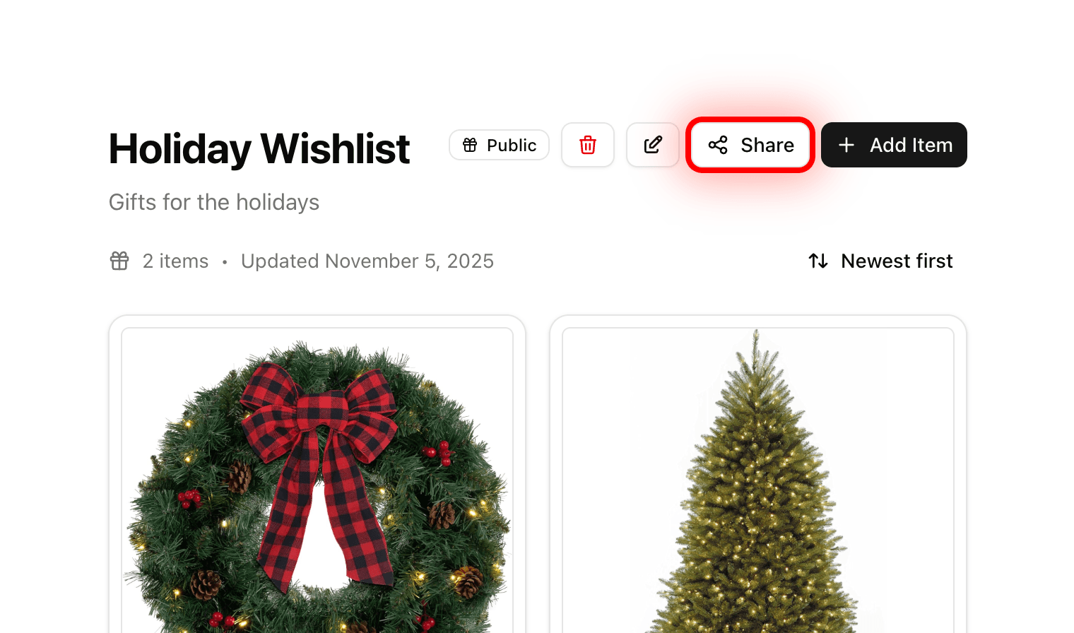 Screenshot showing wishlist sharing options